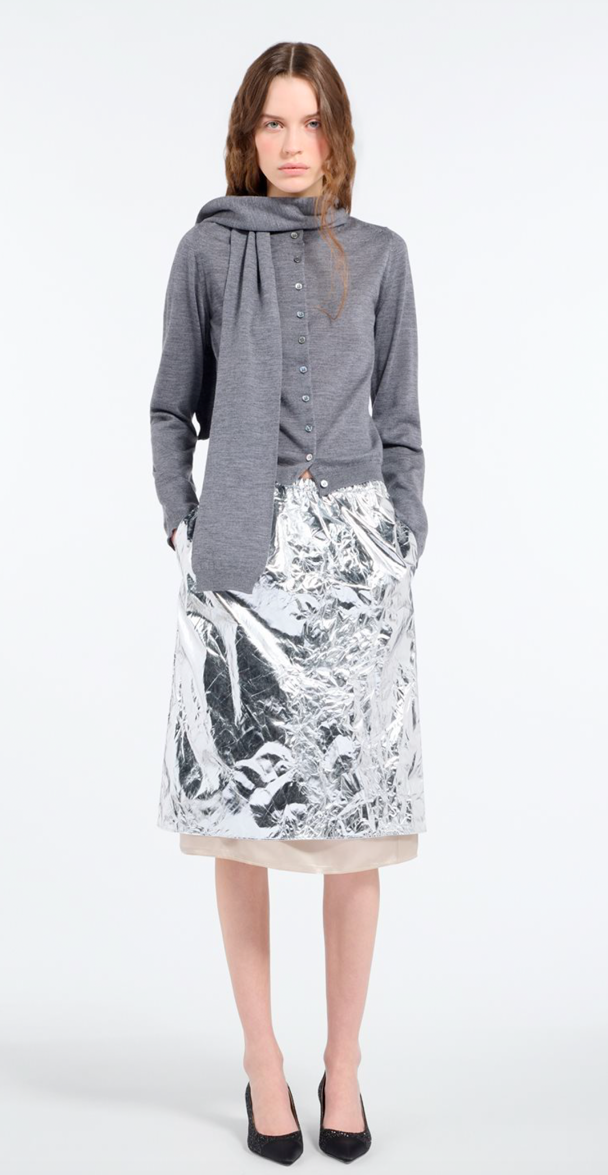 N21 Metallic Silver Midi Skirt