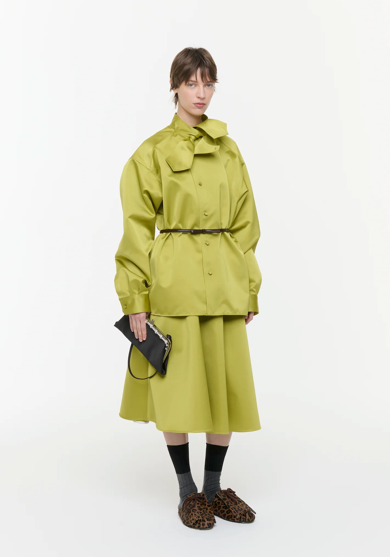 Plan C Satin Bow Collar Shirt Lime