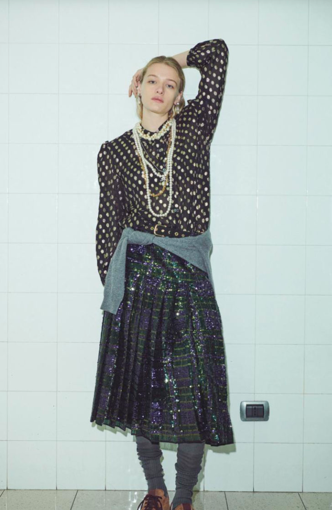 N21 Sequined Pleated Tartan Skirt