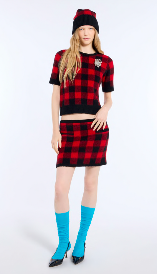 N21 Red Black Mohair Knit Mini Skirt