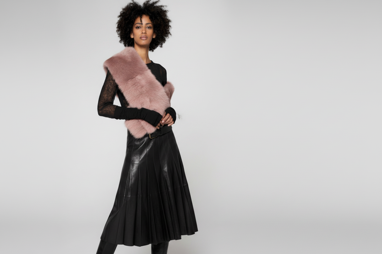 LEATHER CUT PLEATS SKIRT BLACK