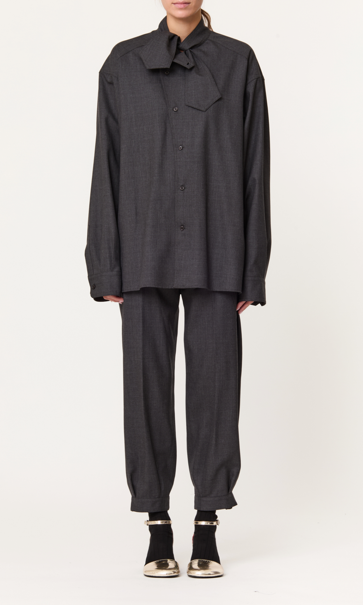 Plan C Oversized Bow Collar Shirt Charcoal Grey