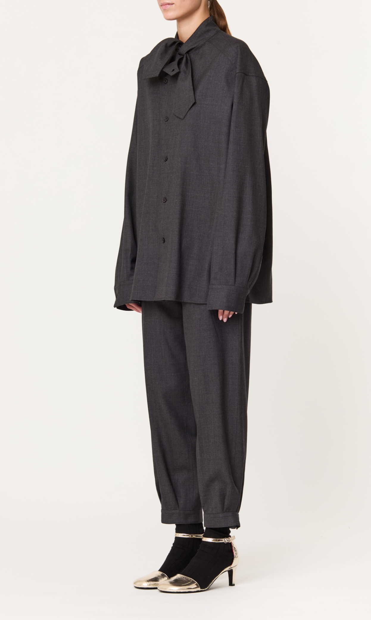 Plan C Oversized Bow Collar Shirt Charcoal Grey