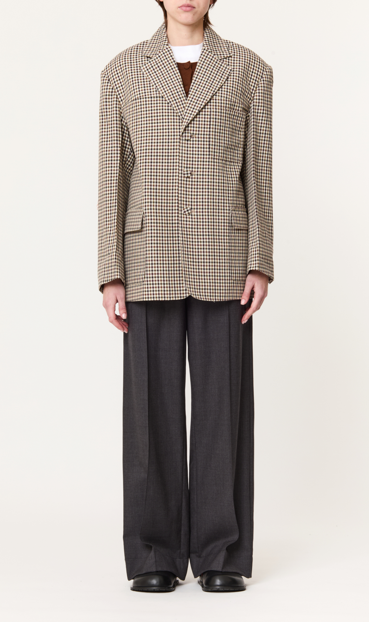 Plan C Brown Cream Check Wool Blazer