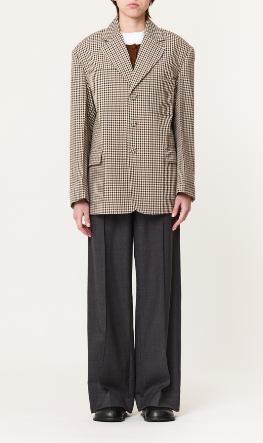 Plan C Brown Cream Check Wool Blazer