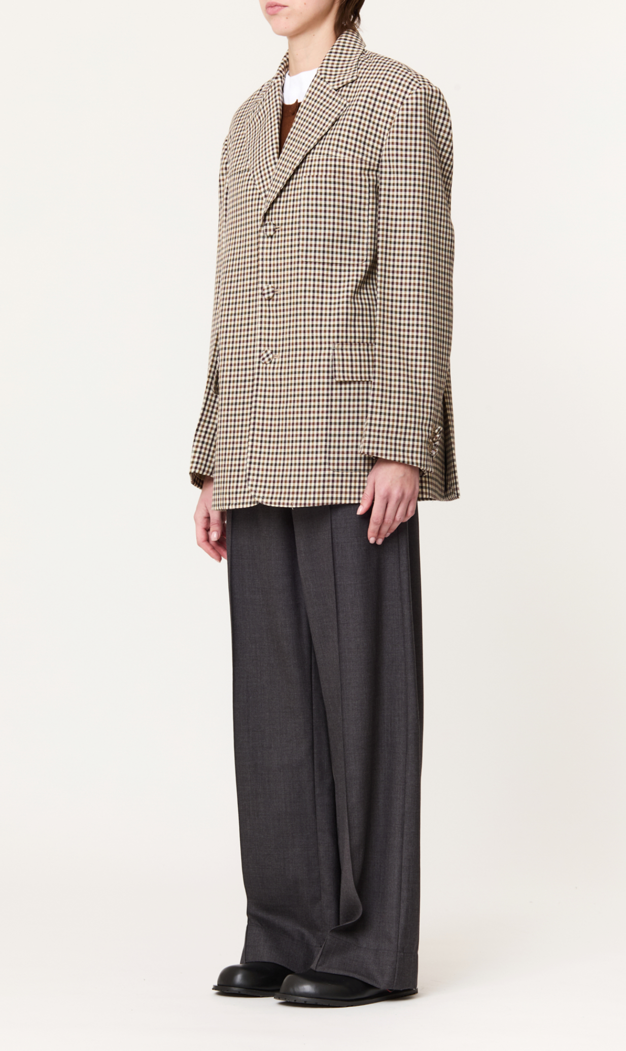 Plan C Brown Cream Check Wool Blazer
