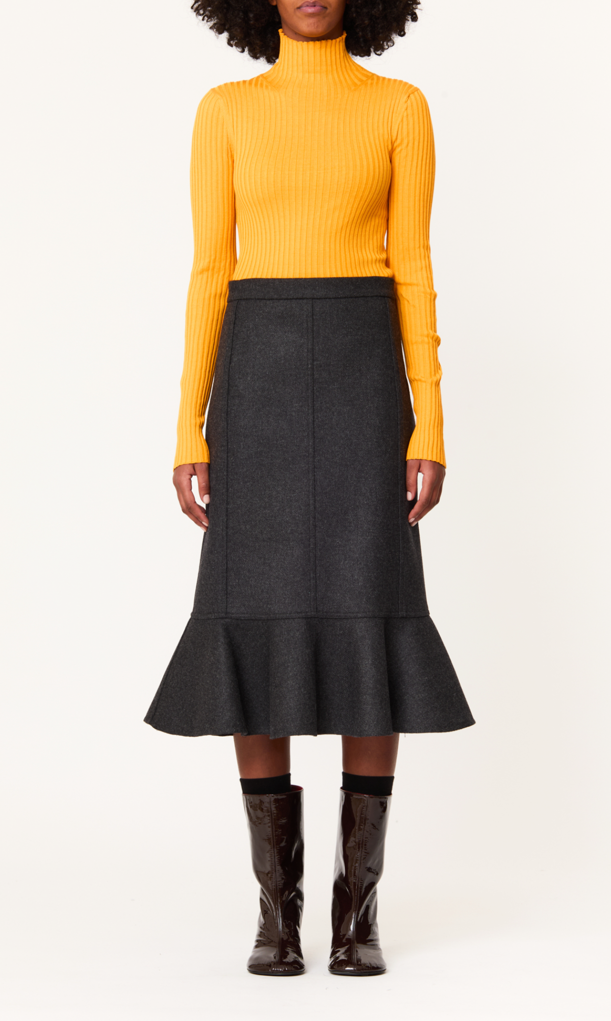 Plan C Flared Wool Midi Skirt Charcoal Grey