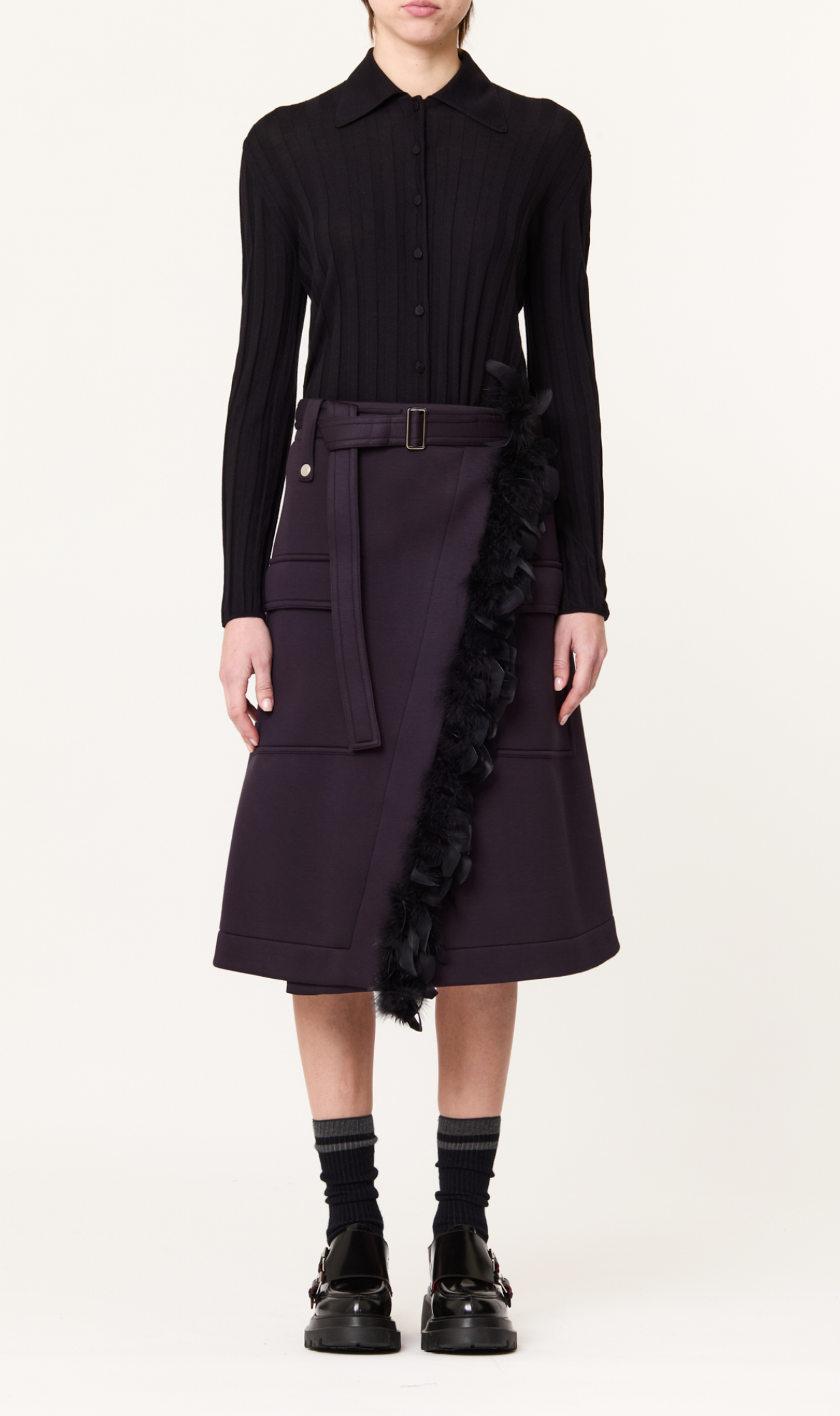 Plan C Belted Midi Skirt Navy