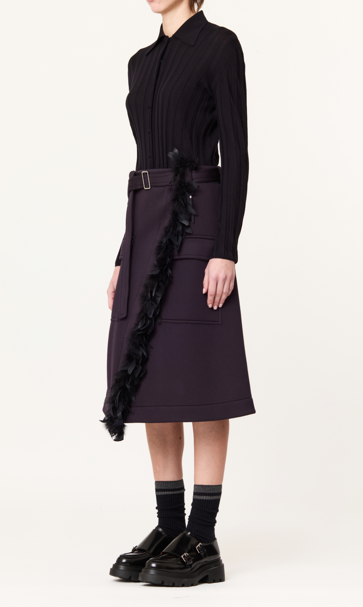 Plan C Belted Midi Skirt Navy