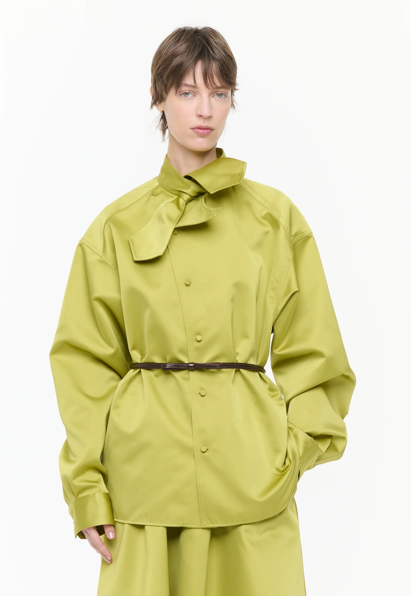 Plan C Satin Bow Collar Shirt Lime