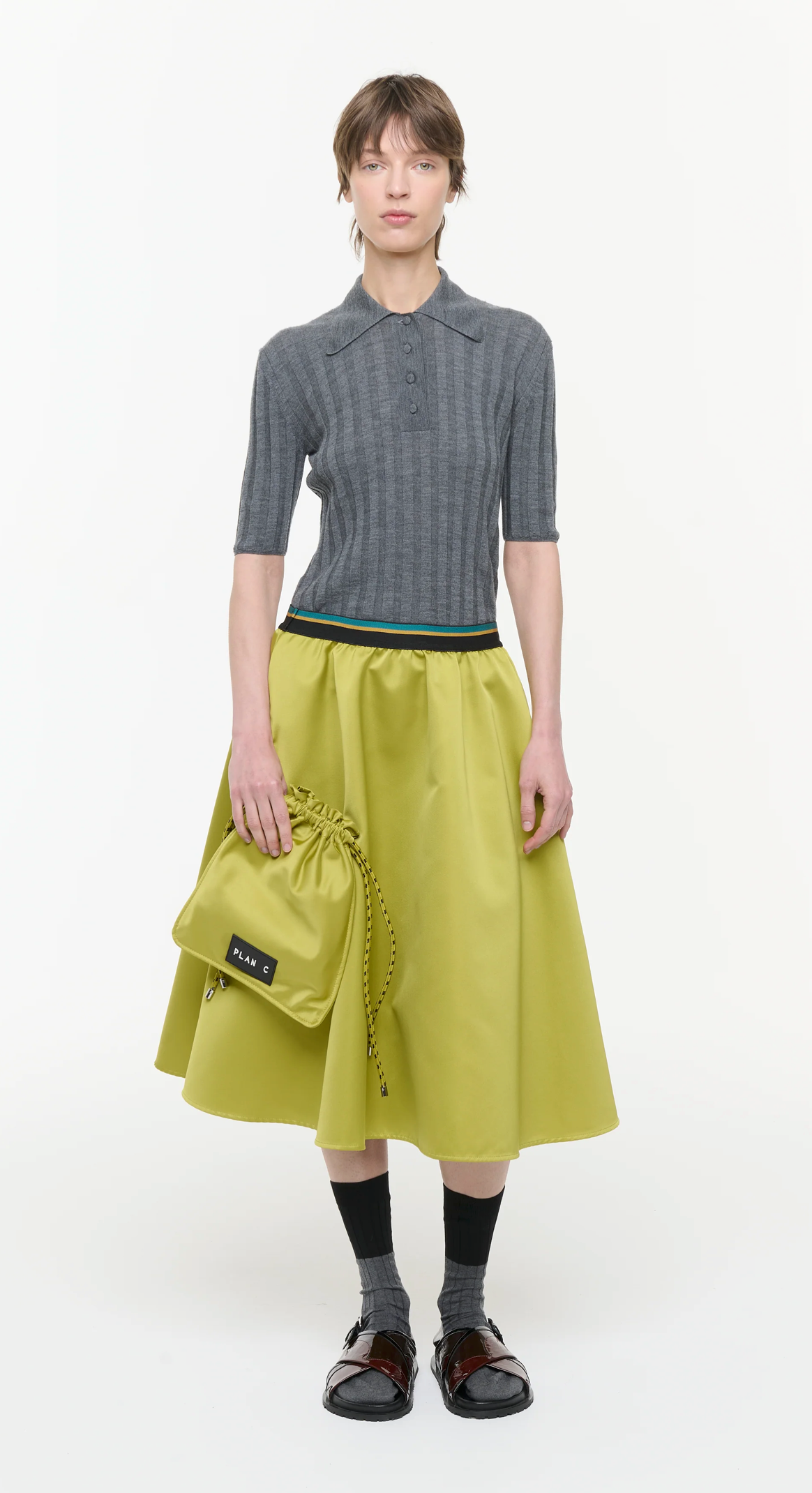 Plan C Satin Midi Skirt Lime