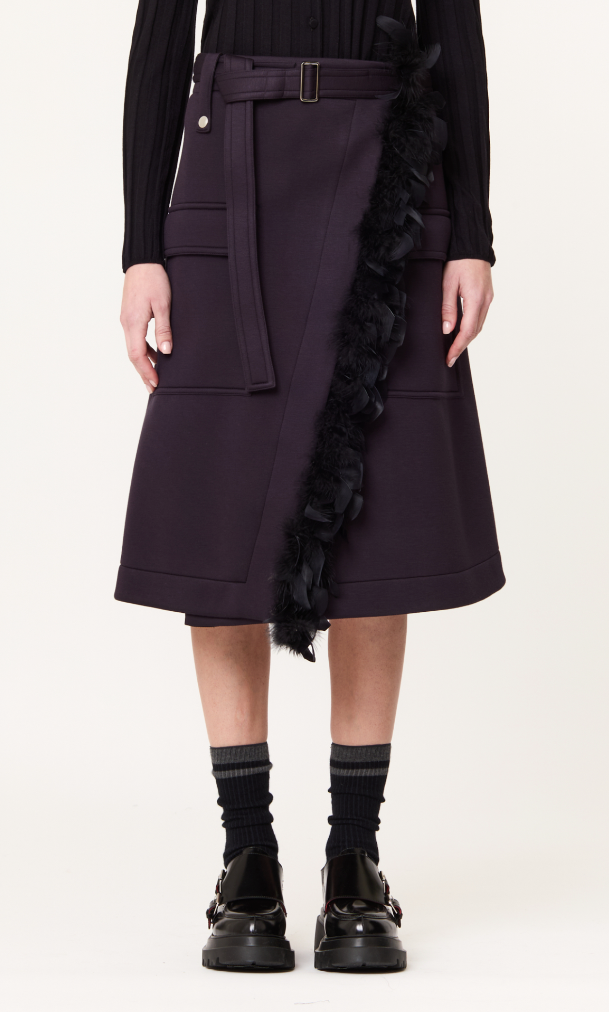 Plan C Belted Midi Skirt Navy
