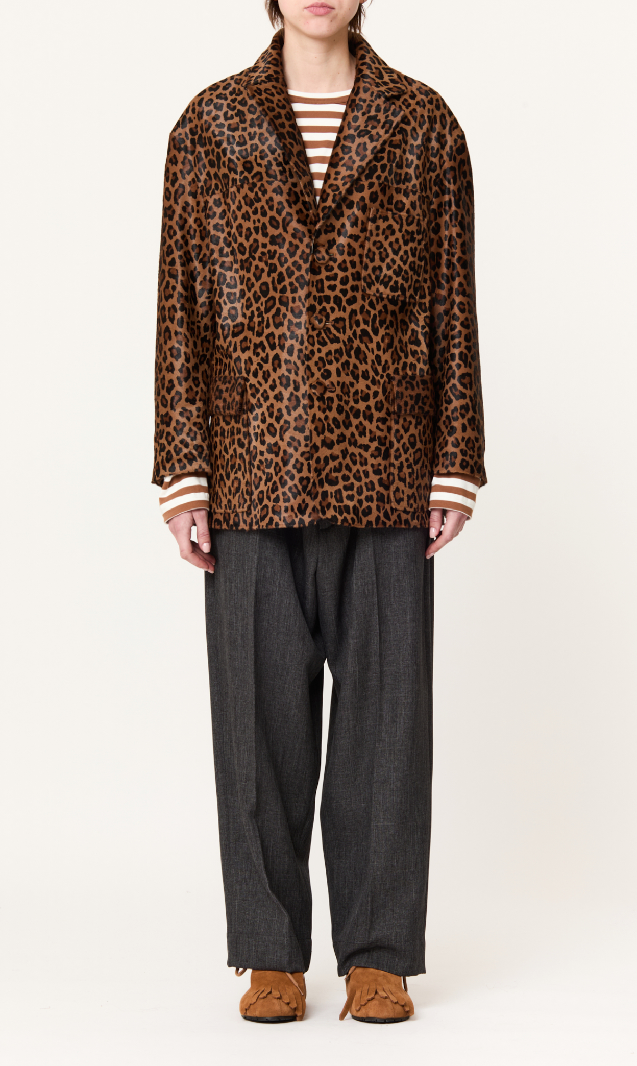 Plan C Leopard Leather Jacket Brown