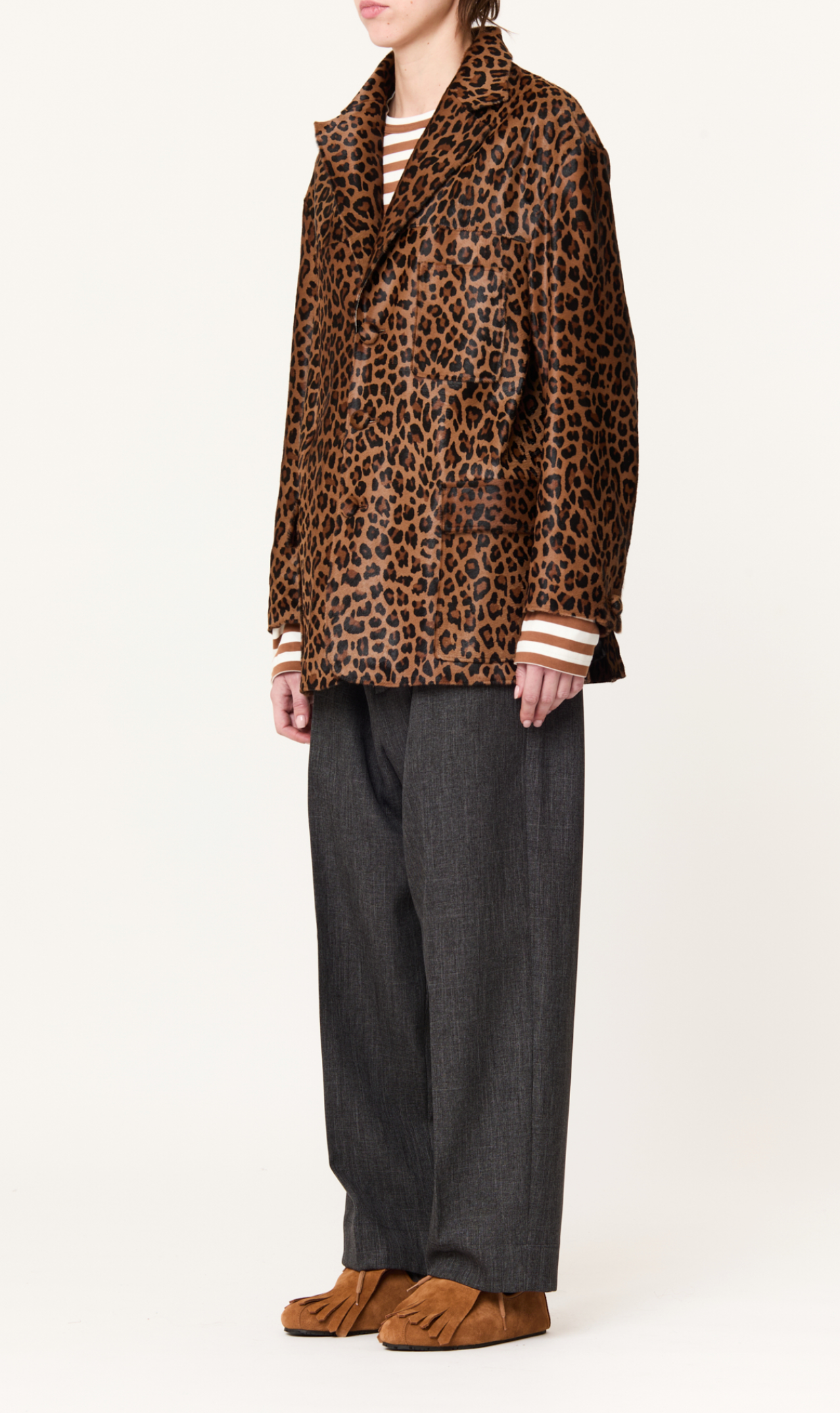 Plan C Leopard Leather Jacket Brown