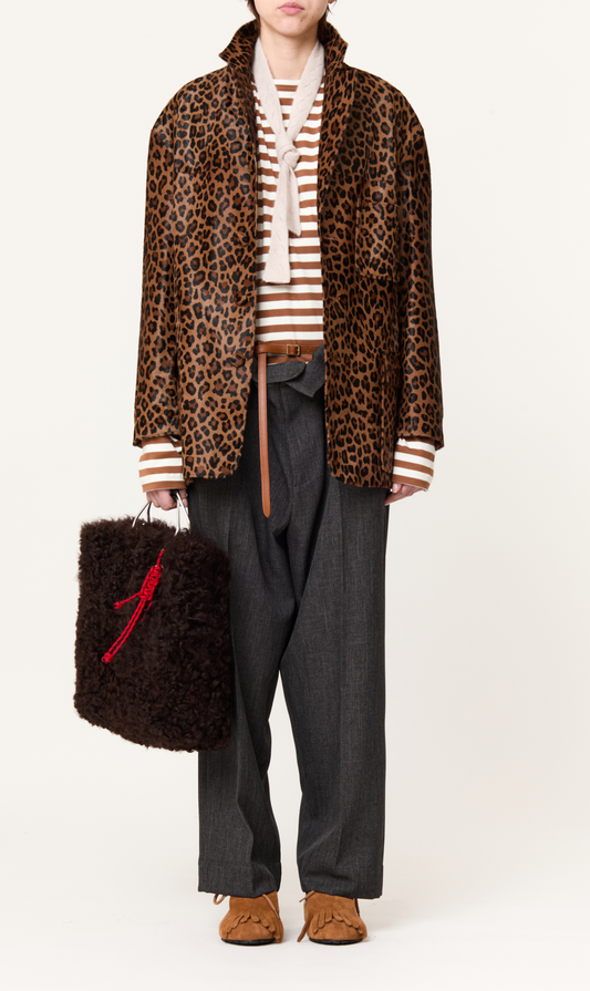 Plan C Leopard Leather Jacket Brown