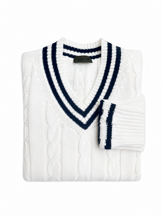 Salvatore Schito Cable-Knit Sweater Off White Navy