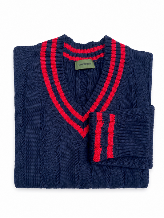 Salvatore Schito Cricket Cable-Knit Sweater Navy / Red