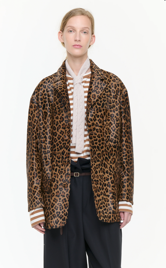 Plan C Leopard Leather Jacket Brown